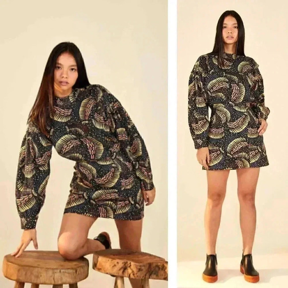NEW FARM Rio Black Wild Bananas Gabardine Mini Dress Tropical Bohemian Statement - Picture 1 of 9